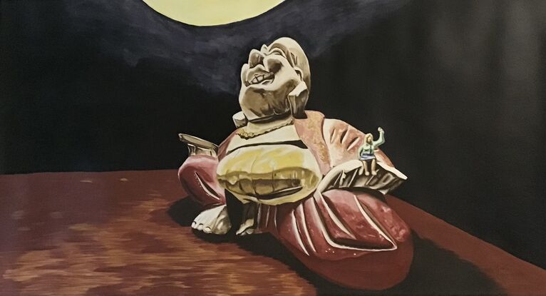 A perspective watercolour painting of a happy Buddha and a little lady under a lamp.