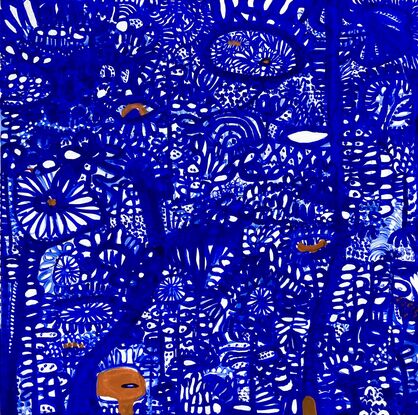 Small blue shapes and swirls in ultramarine blue over a white background 