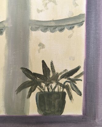 A shadow of an interior kitchen windowsill and curtain that casts a pot plant shadow against a purple interior wall. 