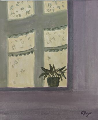 A shadow of an interior kitchen windowsill and curtain that casts a pot plant shadow against a purple interior wall. 