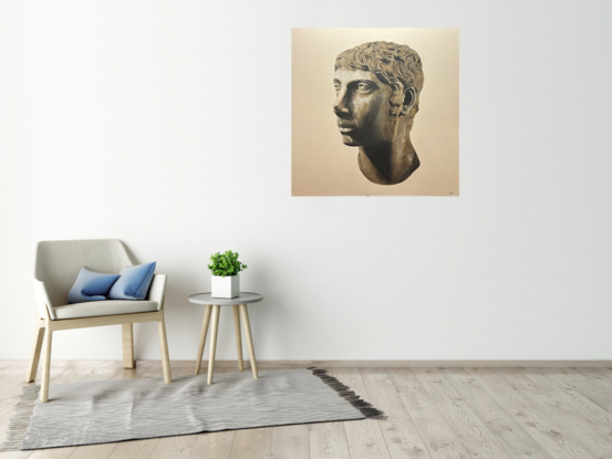 Monochromatic bust of a young man/teenager. White background.