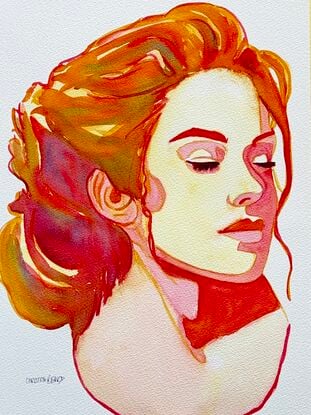 "Ember Gaze" is a captivating watercolor portrait that beautifully captures the quiet intensity of a woman lost in thought. The artwork features warm, fiery hues that flow through her hair, contrasting with the soft, serene expression on her face. The delicate use of light and shadow enhances the depth of the piece, creating a harmonious blend of emotion and color. This modern figurative painting invites viewers to contemplate the story behind her gaze, making it a striking addition to any art collection.