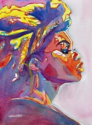 "Vibrant Ascend" is a powerful and dynamic watercolor portrait that captures the striking profile of a woman, bathed in a spectrum of bold, vivid colors. The artwork radiates energy and strength, with the rich interplay of deep blues, fiery reds, and bright yellows creating a sense of movement and intensity. The detailed expression and upward gaze of the subject suggest a journey of empowerment and resilience. This contemporary piece is a celebration of color and form, making it an eye-catching addition to any art collection.