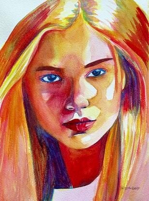 "Starlit Gaze" is an arresting watercolor portrait that captures the intense, soulful eyes of a young woman bathed in a cascade of warm and cool tones. The interplay of light and shadow across her face highlights the depth of her expression, while her flowing golden hair adds a luminous quality to the piece. The rich, saturated colors and fine details invite viewers to explore the emotion and story behind her gaze, making this artwork a captivating centerpiece in any collection.