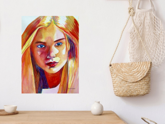 "Starlit Gaze" is an arresting watercolor portrait that captures the intense, soulful eyes of a young woman bathed in a cascade of warm and cool tones. The interplay of light and shadow across her face highlights the depth of her expression, while her flowing golden hair adds a luminous quality to the piece. The rich, saturated colors and fine details invite viewers to explore the emotion and story behind her gaze, making this artwork a captivating centerpiece in any collection.