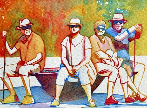 "Leisurely Pause" captures a moment of calm and companionship as four individuals sit together on a bench, each seemingly lost in their own thoughts. The watercolor painting uses a warm, inviting palette to highlight the relaxed atmosphere of the scene, with soft, flowing lines that bring out the subtle details of their casual attire and sunlit surroundings. The interplay of light and shadow enhances the sense of peacefulness, making this artwork a delightful depiction of simple, everyday moments shared in good company.