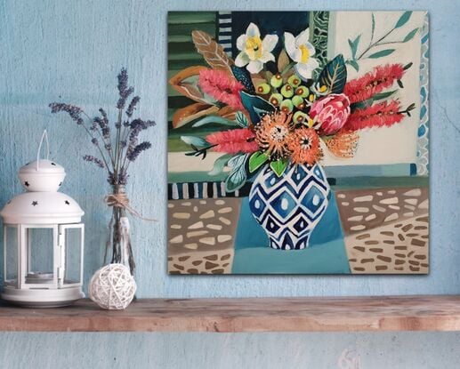 A whimsical decorative still life with Australian native flowers.
