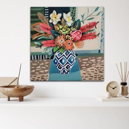 A whimsical decorative still life with Australian native flowers.
