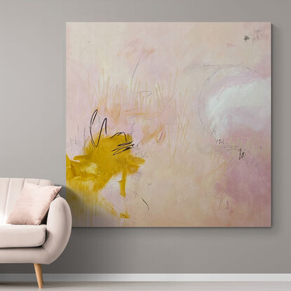 Large abstract of texture and warmth with soft hues of blush, pink and ochre.