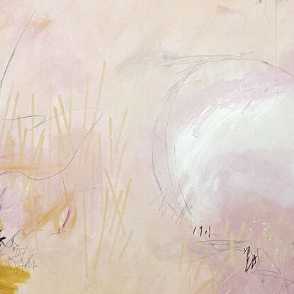 Large abstract of texture and warmth with soft hues of blush, pink and ochre.