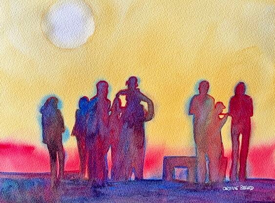 "Sunset Gathering" is a contemplative watercolor painting that captures the silhouettes of a group of people standing together against the backdrop of a setting sun. The warm golden hues of the sky contrast with the deep, cool tones of the figures, creating a sense of connection and shared experience. The soft blending of colors and the simplicity of the forms evoke a peaceful moment of togetherness as day turns into night. This artwork beautifully encapsulates the quiet, reflective nature of communal moments in a natural setting.