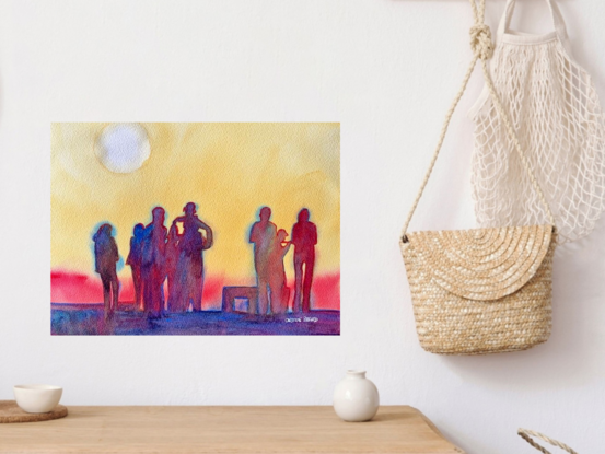 "Sunset Gathering" is a contemplative watercolor painting that captures the silhouettes of a group of people standing together against the backdrop of a setting sun. The warm golden hues of the sky contrast with the deep, cool tones of the figures, creating a sense of connection and shared experience. The soft blending of colors and the simplicity of the forms evoke a peaceful moment of togetherness as day turns into night. This artwork beautifully encapsulates the quiet, reflective nature of communal moments in a natural setting.