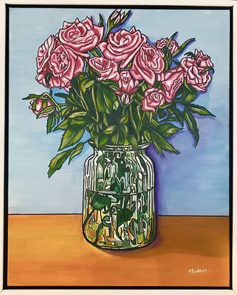 Pink roses in a glass vase, painted in a bright popart/cartoon  style with bright, cheerful light blue ax orange background. Realistic but with a slight cartoon twist in the bright colours and bold outlines. 
Set in a white timber frame that makes the bright colours pop. 