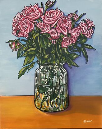 Pink roses in a glass vase, painted in a bright popart/cartoon  style with bright, cheerful light blue ax orange background. Realistic but with a slight cartoon twist in the bright colours and bold outlines. 
Set in a white timber frame that makes the bright colours pop. 