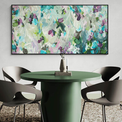 large minimal floral abstract original painting in light blue, deep pink and light green colours