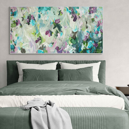 large minimal floral abstract original painting in light blue, deep pink and light green colours