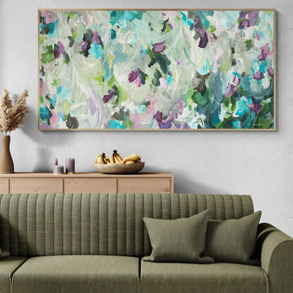 large minimal floral abstract original painting in light blue, deep pink and light green colours