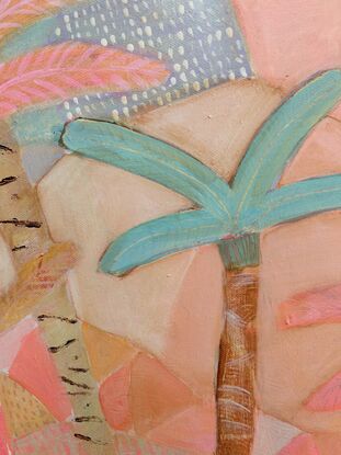 Palm trees with mountains and a body of water in pastel / candy colours