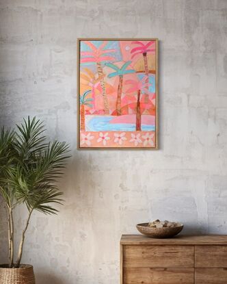 Palm trees with mountains and a body of water in pastel / candy colours