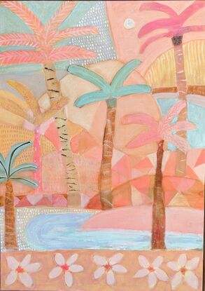 Palm trees with mountains and a body of water in pastel / candy colours