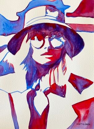 This artwork portrays a figure of cool confidence, blending modern style with an air of mystery. The interplay of deep blues and rich reds creates a striking contrast, capturing the essence of urban chic. With the subject’s casual yet assured demeanor, the painting invites viewers to ponder the story behind the glasses and hat, making it a captivating piece for those who appreciate contemporary portraiture.
