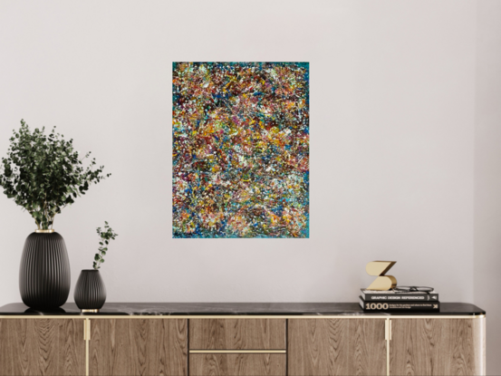 A dark turquoise background, brings the yellow, gold & pink of the flowers to life, raindrops are depicted in pale blue speckles across the artwork.