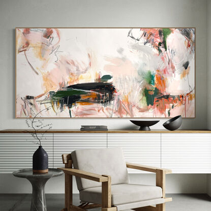 neutral and subtle pinks and apricot, orange tones blended with areas of blush, sage, grey, white and black expressive marks across an extra large canvas