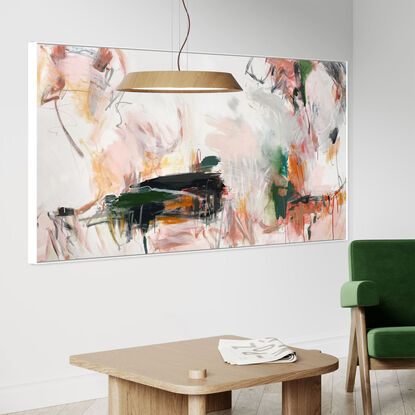 neutral and subtle pinks and apricot, orange tones blended with areas of blush, sage, grey, white and black expressive marks across an extra large canvas