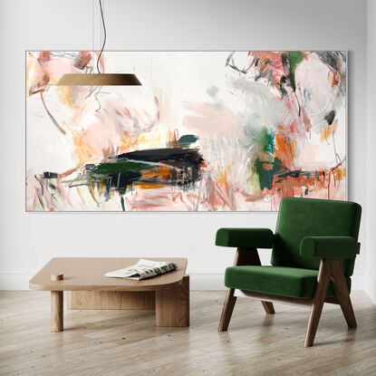 neutral and subtle pinks and apricot, orange tones blended with areas of blush, sage, grey, white and black expressive marks across an extra large canvas