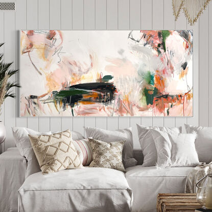 neutral and subtle pinks and apricot, orange tones blended with areas of blush, sage, grey, white and black expressive marks across an extra large canvas