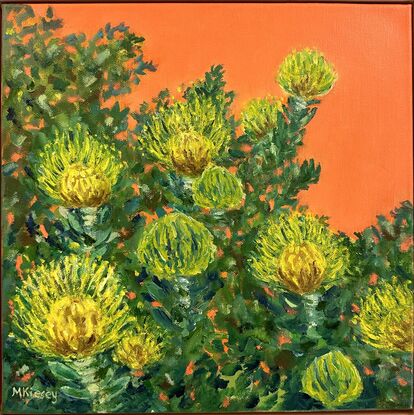 Yellow proteas against an orange background.