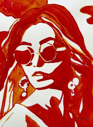 This striking artwork captures the essence of bold style and confidence. Rendered in rich shades of red and orange, the subject exudes an air of effortless sophistication. The minimalist composition emphasizes the stylish sunglasses and elegant earrings, creating a powerful visual statement that speaks to the subject's self-assured presence. This piece is a celebration of modern fashion and the timeless allure of confident femininity.