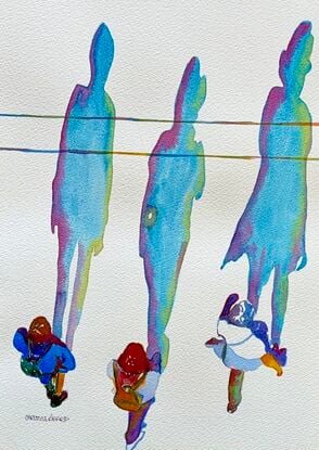 This artwork presents a unique perspective on human interaction, capturing the figures from an elevated viewpoint as they walk along their separate paths. The colorful shadows and figures create a dynamic composition, emphasizing the contrast between individuality and shared experience. The interplay of light and color adds depth to the piece, making it both visually engaging and thought-provoking.