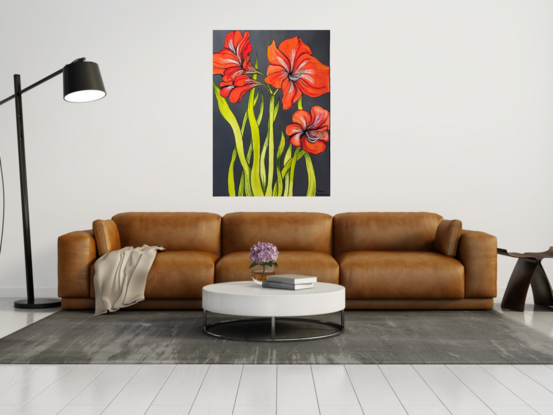 Orange Amaryllis lilies with charcoal background