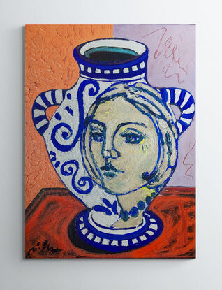 a blue and white vase on an orange background with a depiction of the greek goddess Juno.