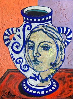 a blue and white vase on an orange background with a depiction of the greek goddess Juno.