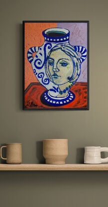 a blue and white vase on an orange background with a depiction of the greek goddess Juno.