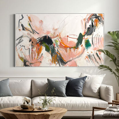 neutral and subtle pinks and apricot, orange tones blended with areas of blush, sage, grey, white and black expressive marks across an extra large canvas