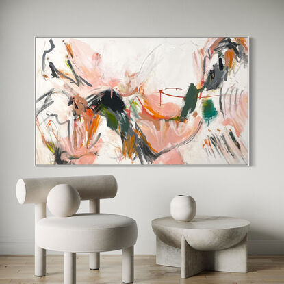 neutral and subtle pinks and apricot, orange tones blended with areas of blush, sage, grey, white and black expressive marks across an extra large canvas