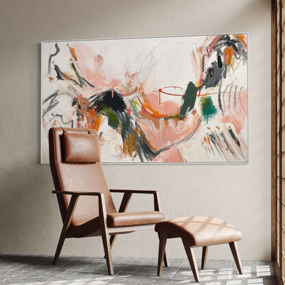 neutral and subtle pinks and apricot, orange tones blended with areas of blush, sage, grey, white and black expressive marks across an extra large canvas