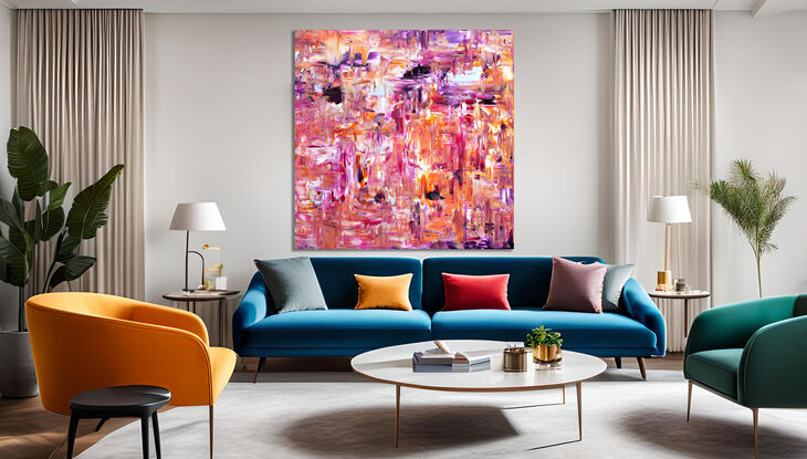 In the photos, where the painting is shown mounted on a wall, these are purely for illustrative purposes. You should review the dimension of the artwork to be sure the work suits your needs.