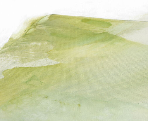 Large strokes of layered washes  in mustard greens, sage, grey greens and beige with a touch of  light blue. 