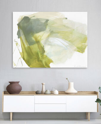 Large strokes of layered washes  in mustard greens, sage, grey greens and beige with a touch of  light blue. 