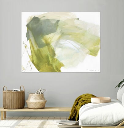 Large strokes of layered washes  in mustard greens, sage, grey greens and beige with a touch of  light blue. 