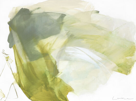 Large strokes of layered washes  in mustard greens, sage, grey greens and beige with a touch of  light blue. 