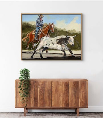 A brown chestnut horse with white blaze, saddle and western  rider. The cowboy is chasing down the black and white steer. The rider is wearing blue jeans with a blue shirt. Painted on a dark green background. 