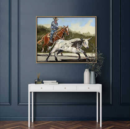 A brown chestnut horse with white blaze, saddle and western  rider. The cowboy is chasing down the black and white steer. The rider is wearing blue jeans with a blue shirt. Painted on a dark green background. 