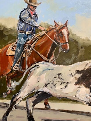 A brown chestnut horse with white blaze, saddle and western  rider. The cowboy is chasing down the black and white steer. The rider is wearing blue jeans with a blue shirt. Painted on a dark green background. 