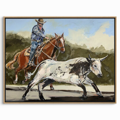 A brown chestnut horse with white blaze, saddle and western  rider. The cowboy is chasing down the black and white steer. The rider is wearing blue jeans with a blue shirt. Painted on a dark green background. 