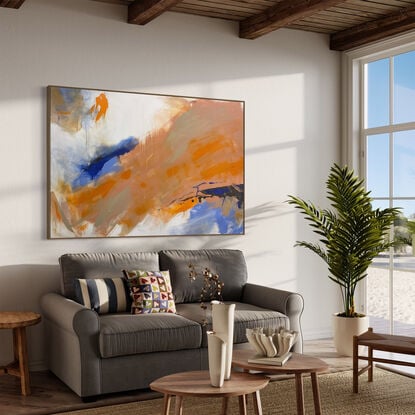 bold marks and colour fields in orange, peach, apricot, beige, white, blue and grey across a large canvas